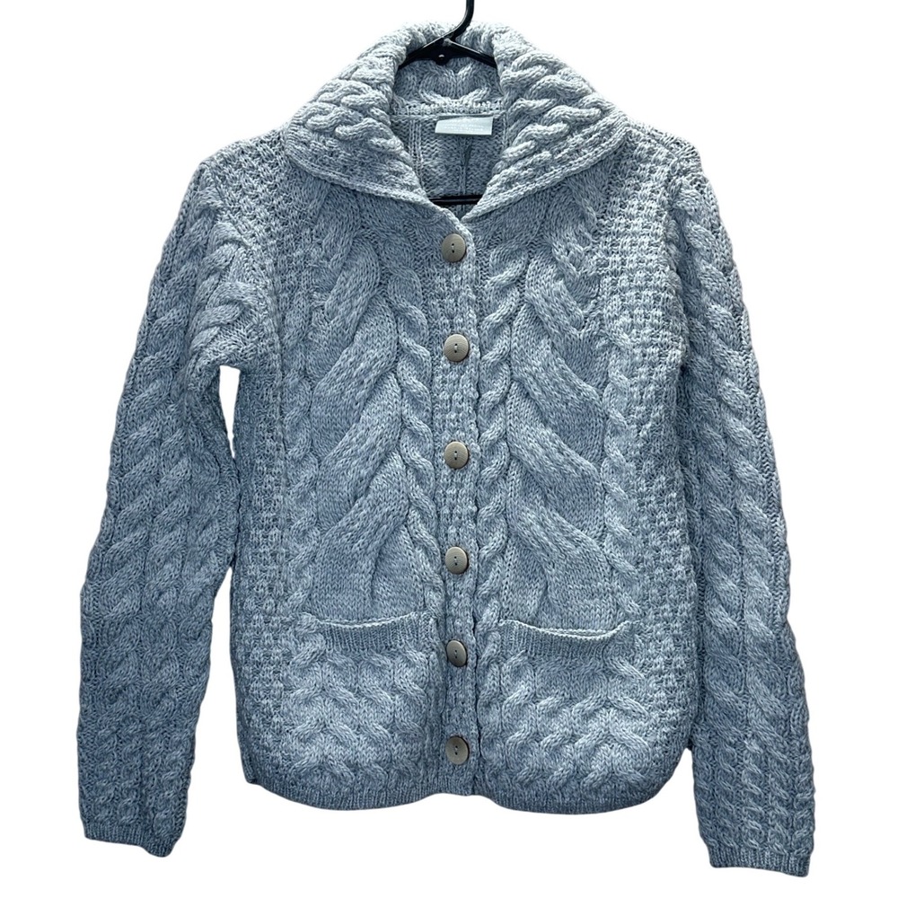 Aran Woollen Mills Super Soft Merino‎ Wool Cardigan Gray B940 XS Made in Ireland - Picture 2 of 8